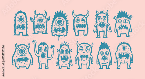 Set of twelve cute cartoon monster characters in playful hand drawn line art style