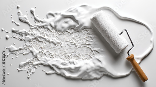 White paint roller creating a textured abstract design on a white surface. A paint roller applies white paint, creating an abstract textured design, perfect for DIY home repair projects