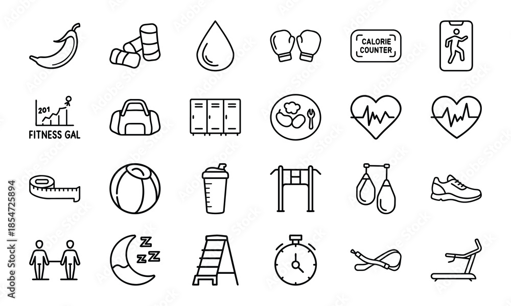 Fototapeta premium Fitness and Healthy Lifestyle Line Icon Set — Gym Equipment, Workout, Nutrition, Health Tracking, Sports Training, Wellness, Cardio, Exercise, Sleep, and Body Care Vector Symbols Collection