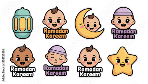 Ramadan Icons for Children: A collection of charming, cartoonish icons featuring a lamp, crescent moon, and adorable children, all adorned with the festive Ramadan Kareem greeting.