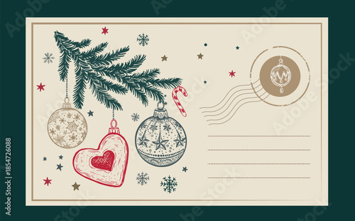 Vintage Christmas and new year postcard with stamps	
