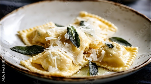 Close up shot of ravioli pasta dish with sage and cheese on a rustic style plate food photography