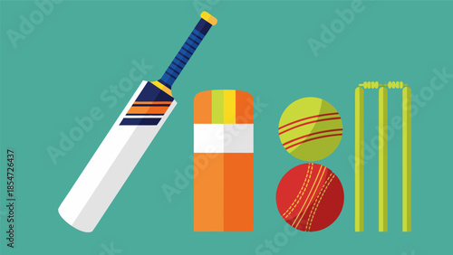 Cricket Equipment Vector Illustration Featuring Bat, Ball, and Wickets on a Green Background