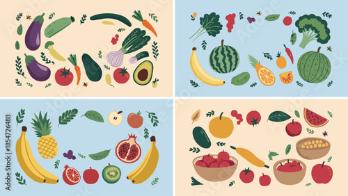 Collection of four colorful flat design frames featuring assorted vibrant fruits and fresh garden vegetables for healthy eating concepts