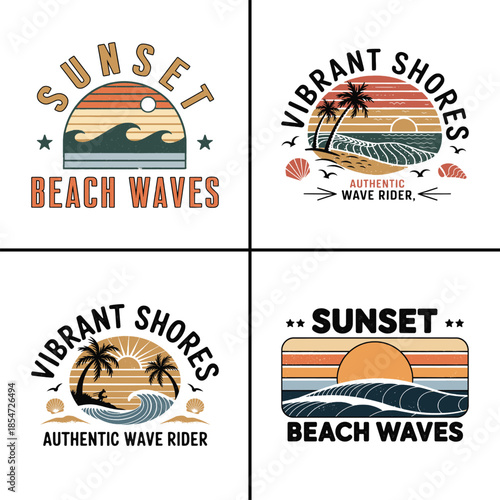 Collection of four retro vintage sunset and vibrant shores beach wave graphic designs perfect for surf apparel and sticker designs