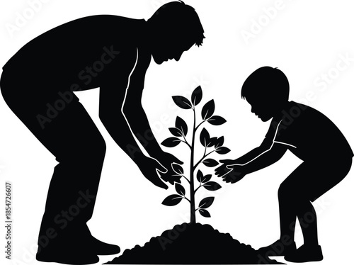 Black silhouette of a father and son planting a small tree together isolated on white background, family gardening vector illustration.