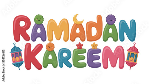 Ramadan Kareem: A vibrant illustration for the holy month, featuring colorful letters with cheerful characters, lanterns and a crescent moon, encapsulating the spirit of generosity.