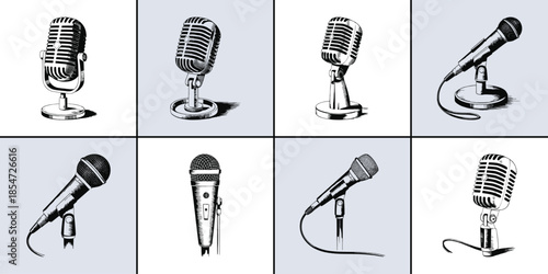 Collection of eight vintage and modern microphone illustrations in black and white sketch style perfect for audio projects