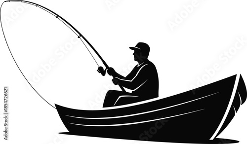 Black silhouette of a fisherman sitting in a boat holding a fishing rod isolated on white background, outdoor hobby vector.
