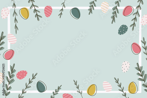 Easter background with a frame of flowers and eggs, with space for text. Beautiful Easter background for holiday designs. Vector illustration for an Easter background.