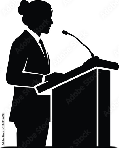 Black silhouette of a female public speaker giving a speech at a podium with microphone isolated on white background vector.