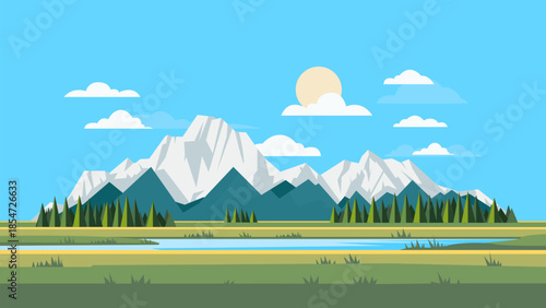 Beautiful lake landscape with mountains and forest in the background on a sunny day. Mountains and forest in the steppe. Vector illustration of a natural landscape with a lake, forest, and mountains.