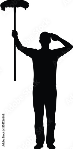 Black silhouette of a professional window cleaner holding a squeegee and saluting isolated on white background, glass cleaning service vector.