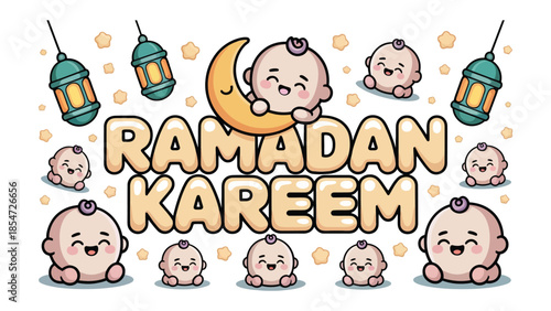 Ramadan Kareem: Cute illustration with crescent moon and smiling baby faces in soft hues. Capturing the spirit of the holy month.