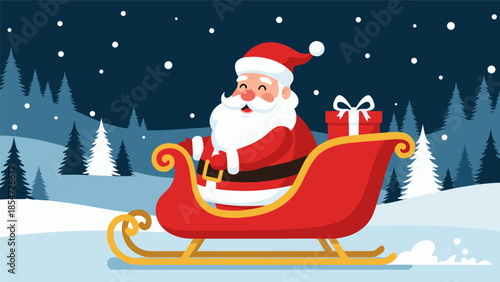 Santa Claus riding in a sleigh with gifts on a snowy winter night vector illustration