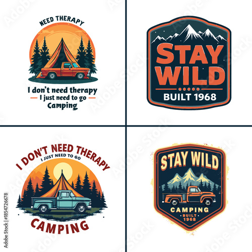 Collection of four outdoor adventure and camping graphic designs featuring retro trucks mountain badges and humorous therapy slogans