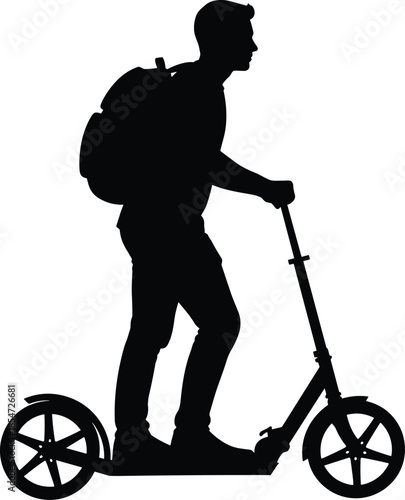 Black silhouette of a young man with a backpack riding a kick scooter isolated on white background, urban micro-mobility vector.