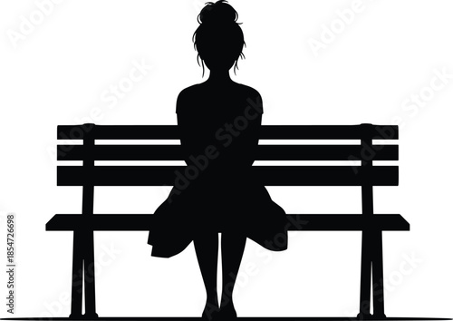 Black silhouette of a young woman with a bun hairstyle sitting alone on a park bench on white background vector.