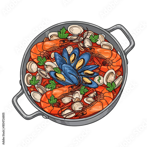 Hand drawn illustration of a paella pan filled with seafood