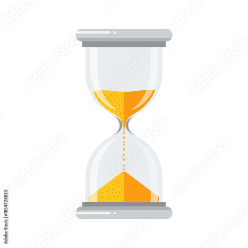 A vibrant flat design illustration of a classic hourglass with orange sand flowing through
