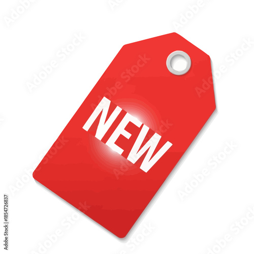 Red new product tag with glowing white text signifying a fresh arrival or special offer