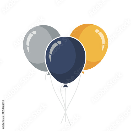 Three shiny festive balloons in grey, dark blue, and golden hues floating together