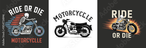 Collection of vintage and custom motorcycle graphics featuring skeleton riders and bold ride or die slogans perfect for apparel