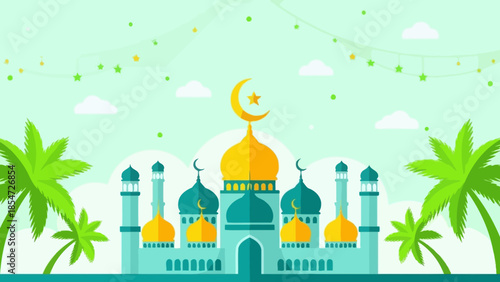 Vibrant islamic mosque illustration with palm trees and festive star lights for celebration.