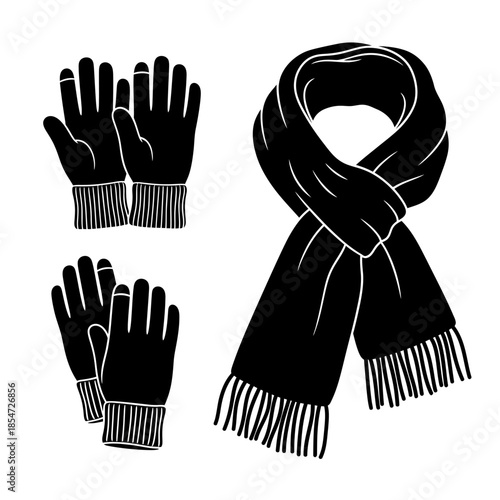 Black and white silhouette illustration of warm winter accessories including a cozy scarf and two pairs of gloves