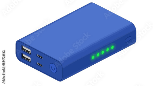 Compact blue power bank featuring multiple usb ports and led indicators for portable charging
