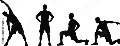 Adobe Stock Optimized Title Black silhouette collection of men performing stretching and fitness exercises, athlete warming up for workout, sports health wellness training set