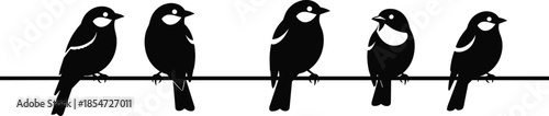 Bird silhouettes sitting on wire line, group of small birds perched together, minimalist wildlife nature illustration isolated on white background