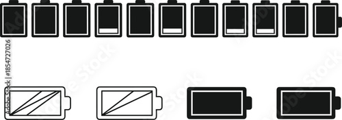 Battery charge level icons set, full to empty power indicators, rechargeable energy status symbols collection isolated on white background
