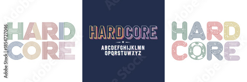 Display typeface set featuring the word hardcore in three unique retro line art styles showcasing full alphabet samples