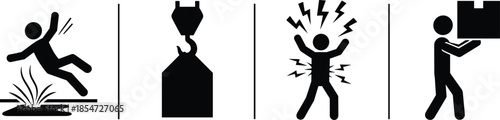 Black industrial safety icons set isolated on white background, workplace hazards like slipping and electric shock manual labor vector illustration.
