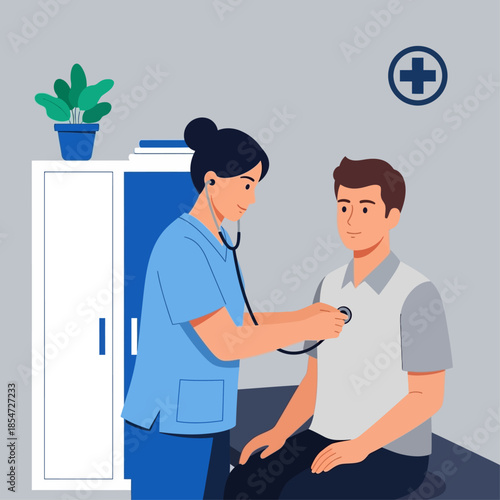 Female nurse examining male patient with a stethoscope in a clinic room, focusing on medical checkup.