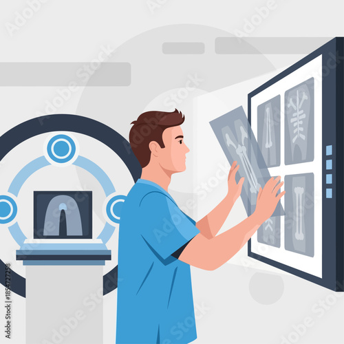 A male radiologist in blue scrubs examining multiple X-ray images on a large digital screen, with an MRI machine in the background, illustrating modern medical diagnostics.