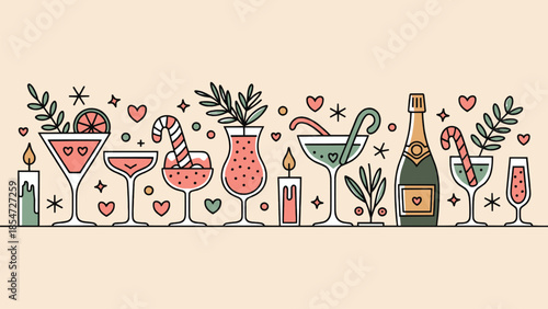 Festive illustration featuring various stylized holiday cocktails champagne and decorative elements like candles and candy canes