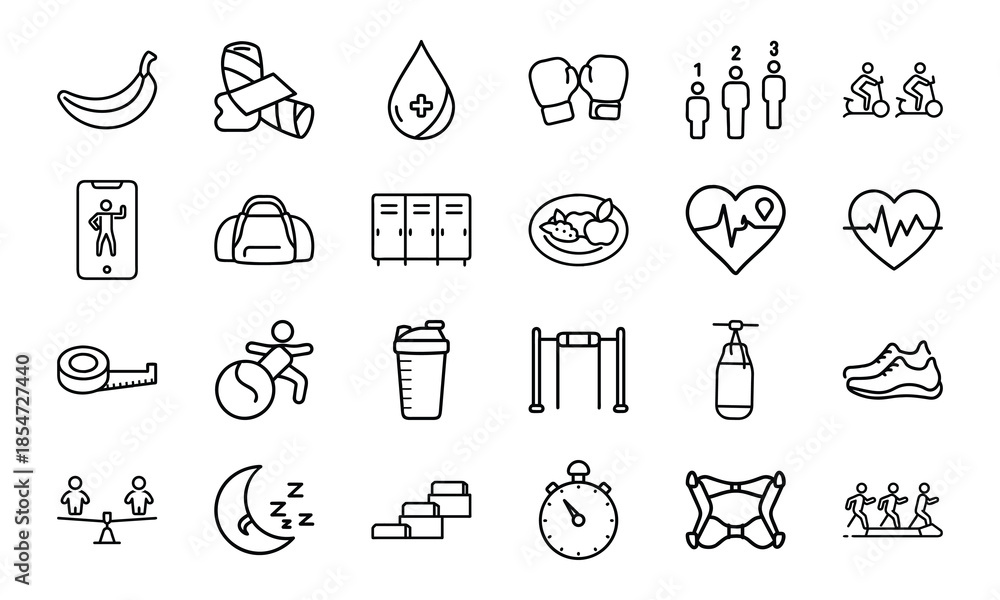 Fototapeta premium Fitness and Healthy Lifestyle Line Icon Set — Gym Equipment, Workout, Nutrition, Health Tracking, Sports Training, Wellness, Cardio, Exercise, Sleep, and Body Care Vector Symbols Collection