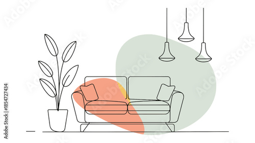 Minimalist line art illustration of a cozy modern living room interior featuring a sofa potted plant and hanging pendant lights