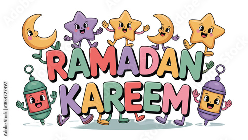 Ramadan Kareem: Vibrant cartoon characters celebrate Ramadan, embracing the spirit of the holy month with joy and colorful lanterns.