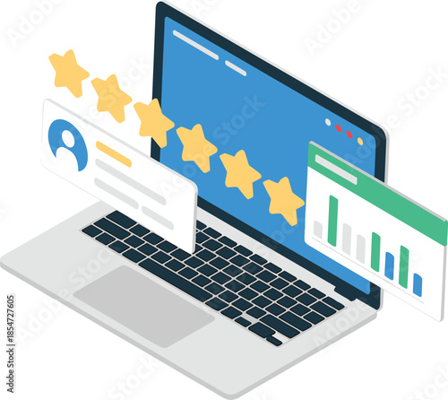 Customer review rating isometric illustration, laptop with five star feedback, user profile and analytics dashboard, online reputation management concept