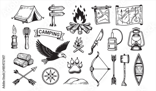 Hand-drawn sketch vector set of camping equipment and outdoor adventure icons on white background