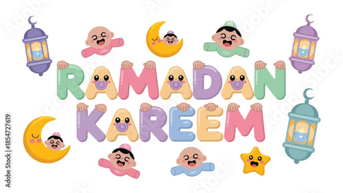 Ramadan Kareem Illustration: Festive illustrations of crescent moons and lanterns, the scene evokes a sense of spiritual reflection, joy, and togetherness. A celebration of faith, and sharing.