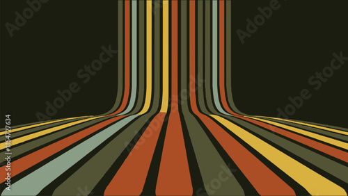 Retro vintage seventies style background with curved vertical and horizontal striped lines against a dark backdrop for abstract design
