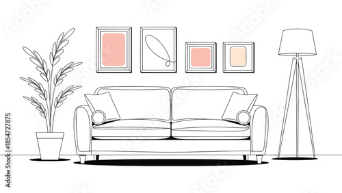 Simple line art illustration of a modern living room setup featuring a comfortable sofa a potted plant and wall art