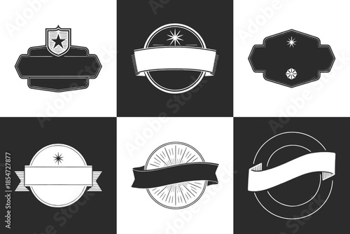 Collection of six vintage retro badge and label designs featuring decorative shields banners and star elements for branding