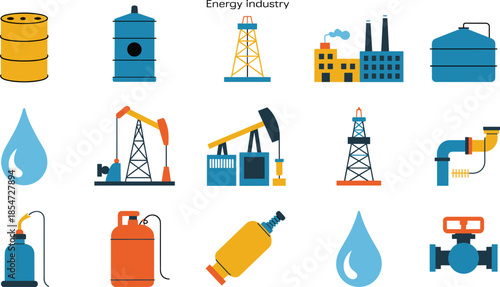 Energy industry flat icon set illustration, oil gas equipment, barrels, pipelines, refinery symbols, industrial power production, modern clean design