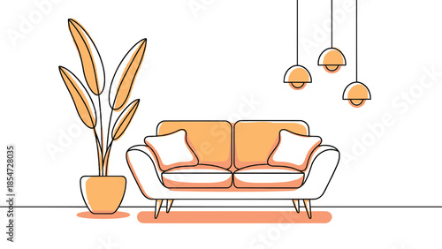 Minimalist line art illustration of a cozy living room interior featuring a modern sofa potted plant and hanging pendant lights