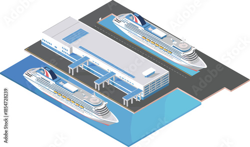 Isometric cruise ship port illustration, passenger ships docking at modern terminal, maritime transportation, travel tourism industry, harbor infrastructure concept